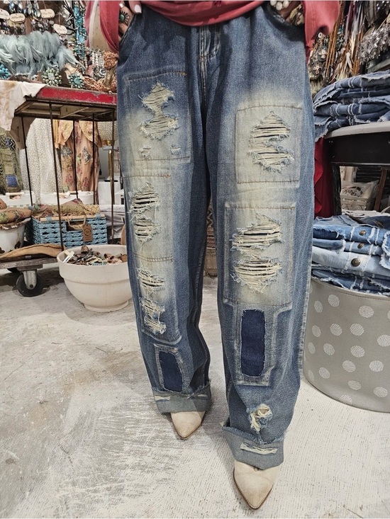 A Rare Bird Denim - ‼️LAST ONE‼️GRUNGE Jeans A Rare Bird Blue Distressed Wide-Leg Patchwork Detail